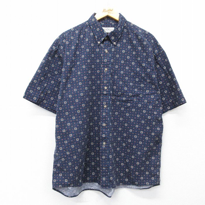 XL★古着 半袖 シャツ メンズ 00年代 00s 総柄 大きいサイズ コットン ボタンダウン 紺他 26apr24
