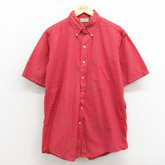L★古着 エルエルビーン 半袖 シャツ メンズ 80年代 80s コットン ボタンダウン USA製 赤他 チェック【spe】 26apr25
