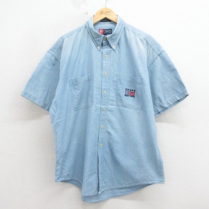 XL★古着 ラルフローレン チャップス 半袖 ブランド シャツ メンズ 90年代 90s ワンポイントロゴ 大きいサイズ コットン ボタンダウン 薄紺【spe】 26apr27