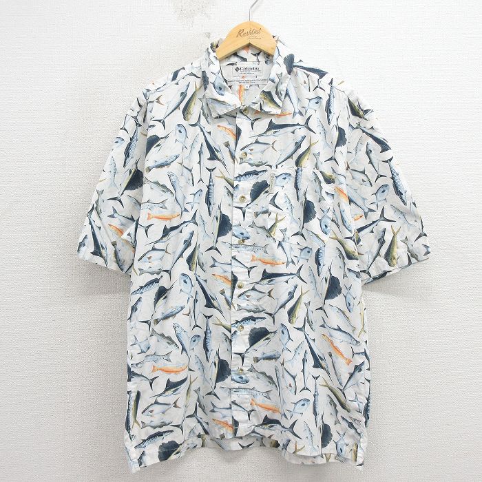 L★古着 コロンビア 半袖 シャツ メンズ 00年代 00s 魚 コットン 白【spe】 26apr27