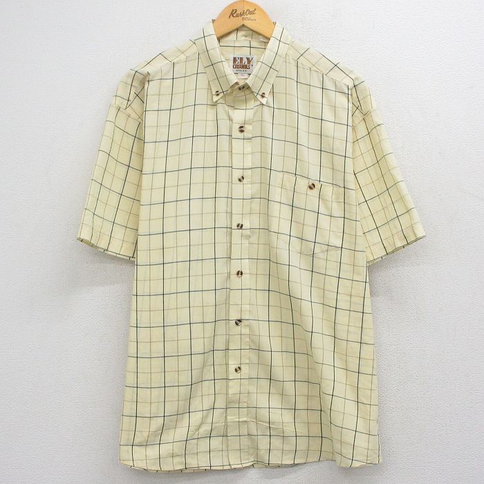 XL★古着 ELY 半袖 シャツ メンズ 90年代 90s 大きいサイズ ロング丈 ボタンダウン 黄他 チェック 26apr27