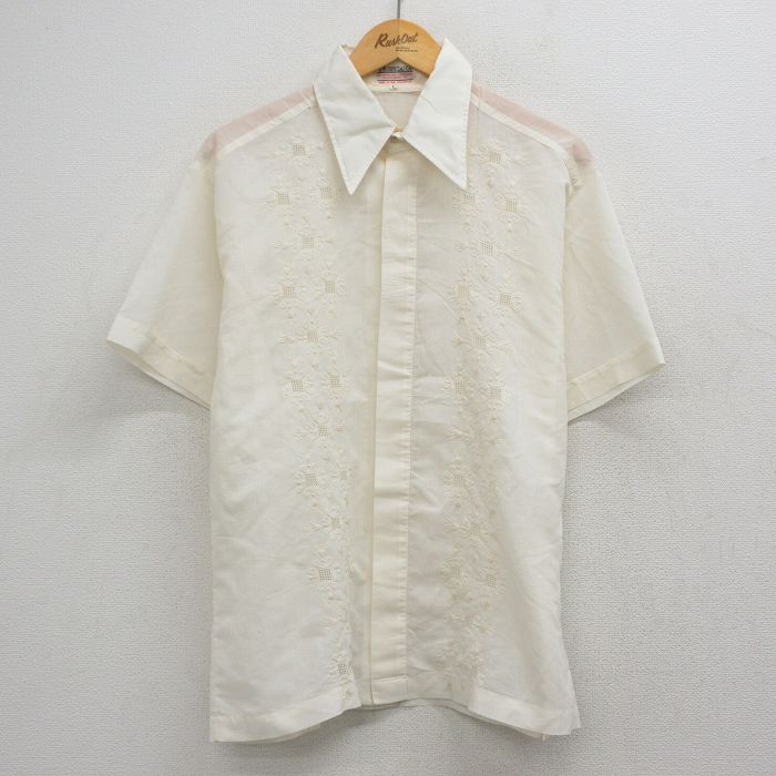 L★古着 半袖 シャツ メンズ 70年代 70s 刺繍 白系 26apr27
