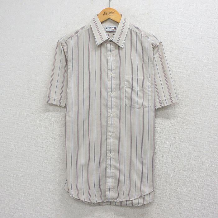 L★古着 半袖 シャツ メンズ 90年代 90s USA製 薄ベージュ他 ストライプ 26apr27