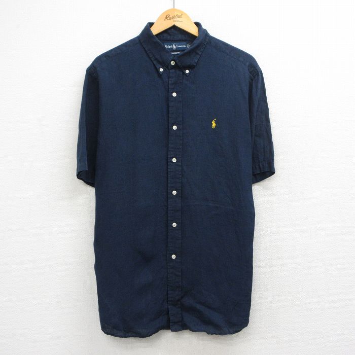 XL★古着 ラルフローレン 半袖 ブランド シャツ メンズ 90年代 90s ワンポイントロゴ 大きいサイズ ボタンダウン リネン 紺【spe】 26apr27