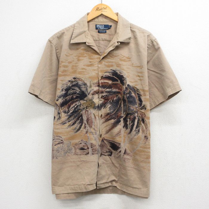 XL★古着 ラルフローレン 半袖 ブランド シャツ メンズ 90年代 90s ヤシの木 VINTAGE CAMP コットン 開襟 オープンカラー ベージュ【spe】 26apr27
