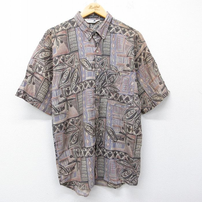 M★古着 半袖 シャツ メンズ 80年代 80s 総柄 リネン レーヨン ベージュ【spe】 26apr28