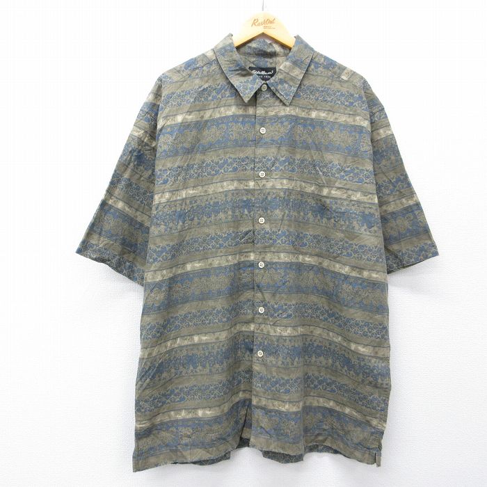 XL★古着 エディーバウアー 半袖 シャツ メンズ 00年代 00s 大きいサイズ ロング丈 リネン 薄緑【spe】 26apr28