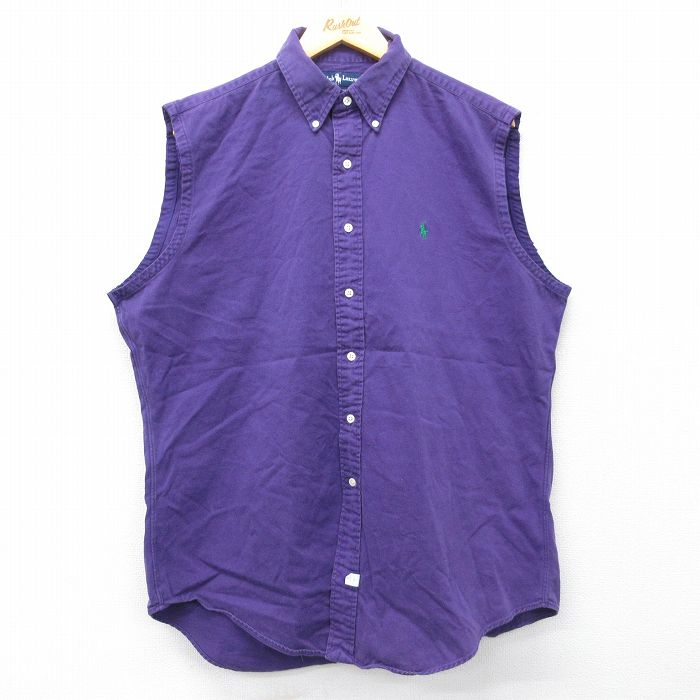 XL★古着 ラルフローレン ノースリーブ ブランド シャツ メンズ 90年代 90s ワンポイントロゴ ロング丈 コットン ボタンダウン 紫 26apr28