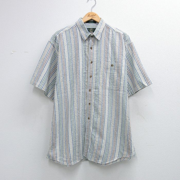 XL★古着 オービス 半袖 シャツ メンズ 90年代 90s シアサッカー 大きいサイズ ロング丈 コットン 白他 ストライプ【spe】 26apr28