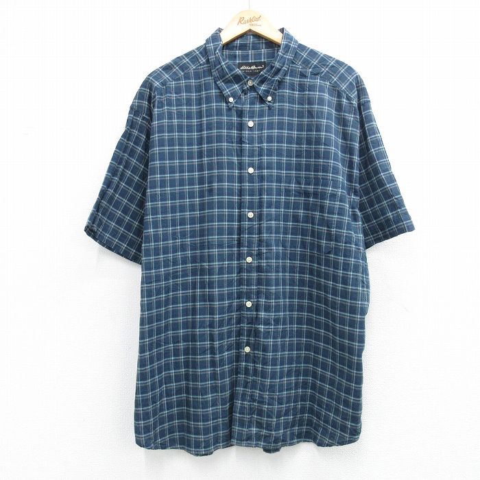 XL★古着 エディーバウアー 半袖 シャツ メンズ 00年代 00s 大きいサイズ ロング丈 コットン ボタンダウン 濃紺他 チェック 26apr28