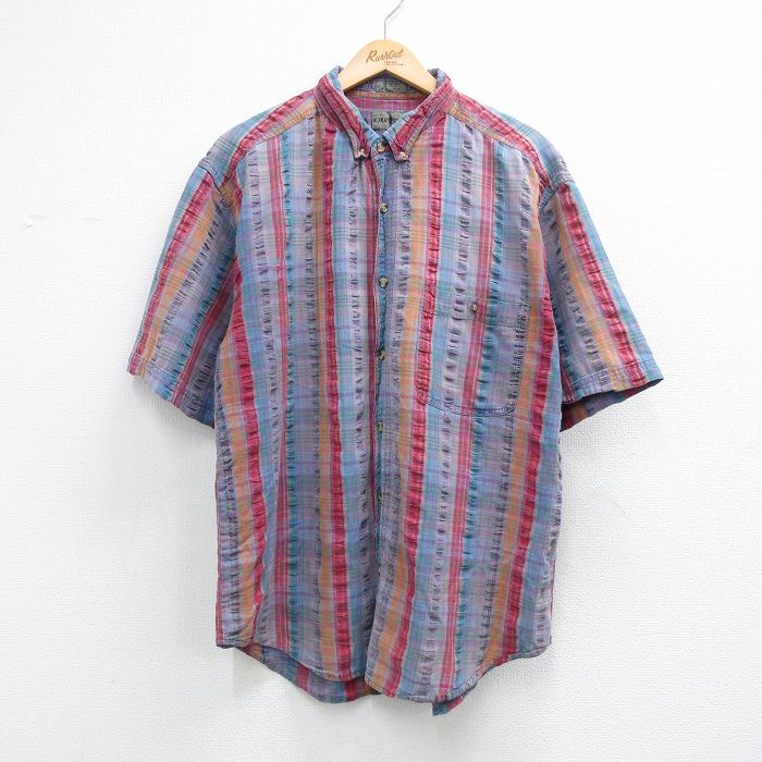 XL★古着 半袖 シャツ メンズ 90年代 90s シアサッカー コットン ボタンダウン 薄紺他 チェック【spe】 26apr28