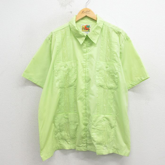 XL★古着 HABAND 半袖 フルジップ キューバ シャツ メンズ 90年代 90s 刺繍 大きいサイズ 黄緑 26apr30