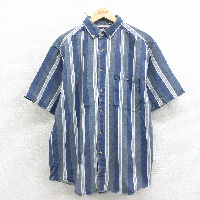 XL★古着 FADED GLORY 半袖 シャツ メンズ 00年代 00s コットン ボタンダウン 紺 ストライプ 26apr30