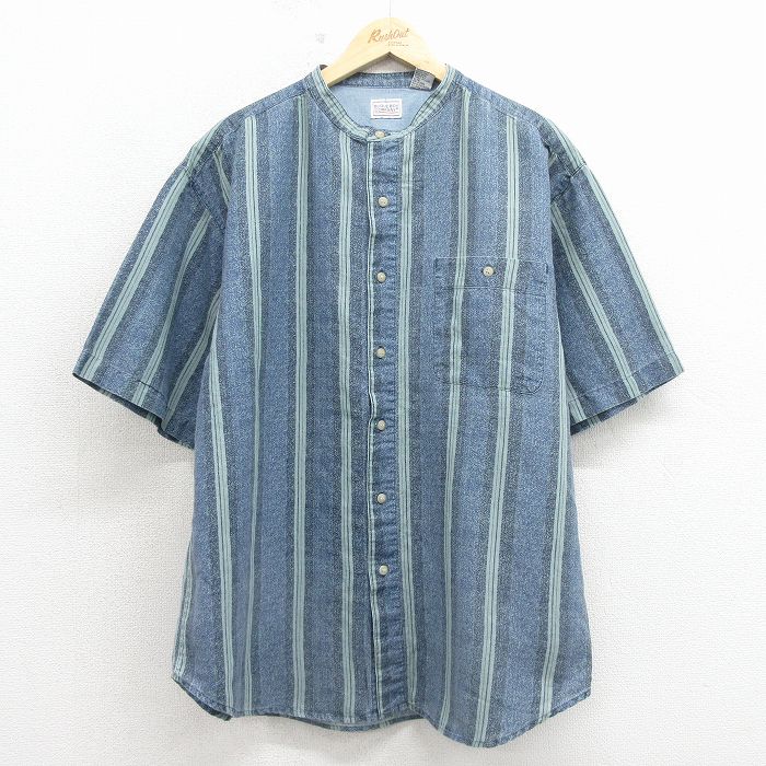XL★古着 ビューグルボーイ 半袖 シャツ メンズ 00年代 00s ノーカラー 紺 ストライプ 26apr30