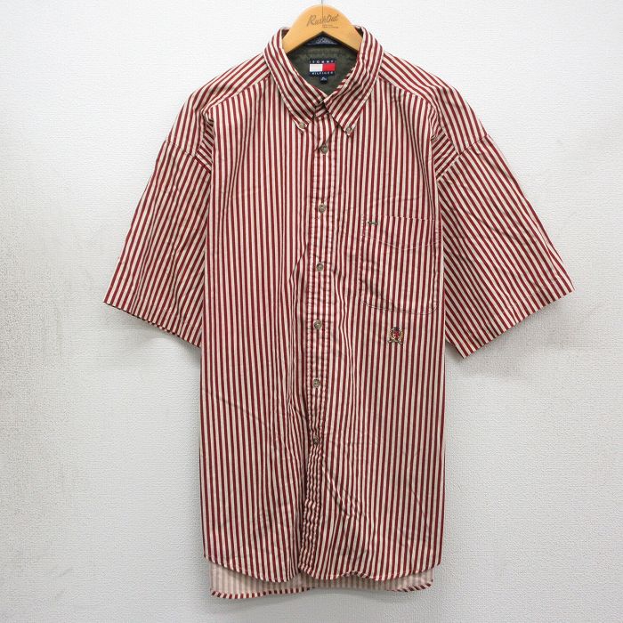 トミーヒルフィガー 90s 半袖シャツ ワンポイントロゴ バーガンディストライプ XL | 古着