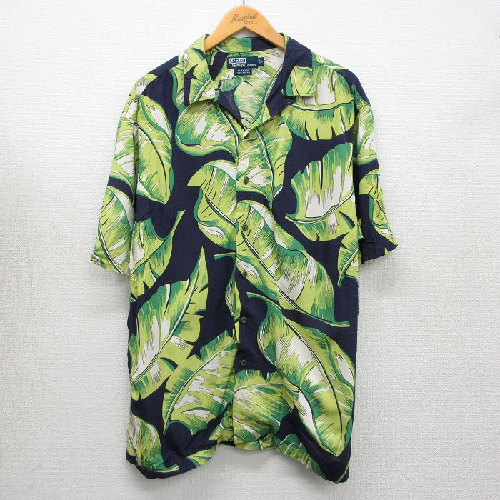 XL★古着 ラルフローレン 半袖 ブランド シャツ メンズ 90年代 90s CLAYTON 葉 大きいサイズ レーヨン 開襟 オープンカラー 紺他【spe】 26may02