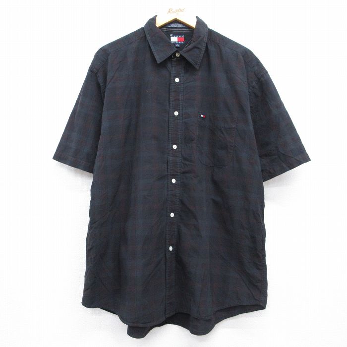 トミーヒルフィガー 90s 半袖シャツ ワンポイントロゴ ブラックチェック XL | 古着