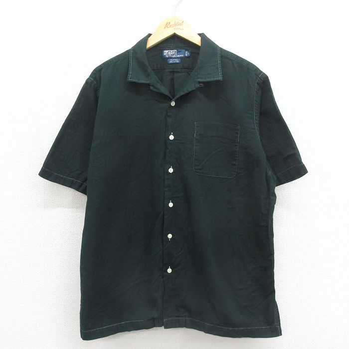 XL★古着 ラルフローレン 半袖 ブランド シャツ メンズ 90年代 90s ワンポイントロゴ 裾ロゴ CALDWELL コットン 開襟 オープンカラー 濃緑【spe】 26may11