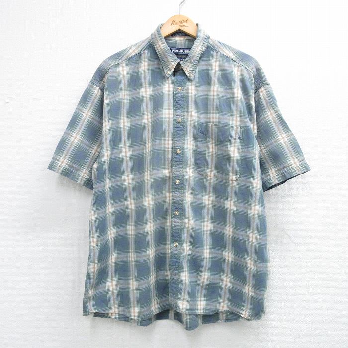 XL★古着 バンヒューセン 半袖 シャツ メンズ 90年代 90s コットン ボタンダウン 緑系他 オンブレ チェック【spe】 26may11