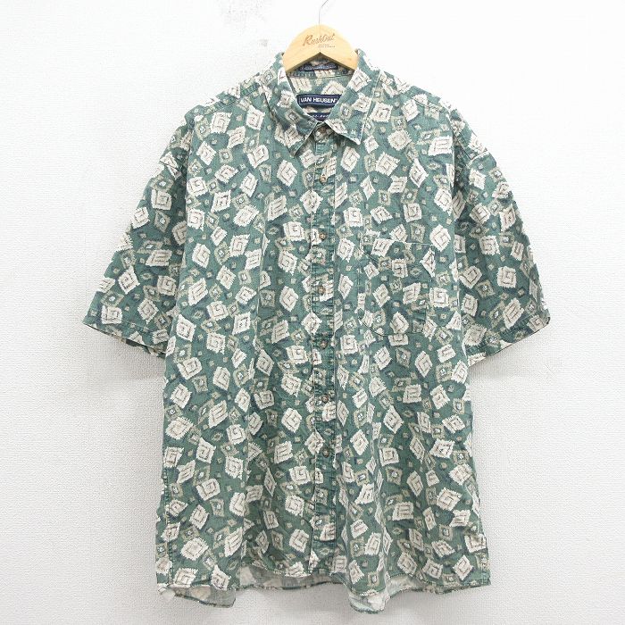 XL★古着 バンヒューセン 半袖 シャツ メンズ 90年代 90s 大きいサイズ リネン グリーン【spe】 26may18
