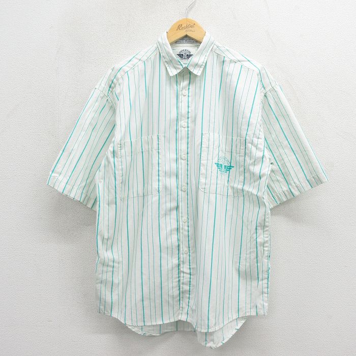 ドッカーズ 90s 半袖シャツ ワンポイントロゴ グリーンストライプ L | 古着