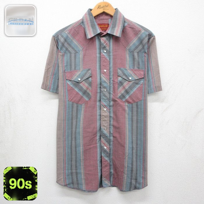 【20%OFF】ラスラー 90s 半袖ウエスタンシャツ ストライプ バーガンディ メンズL相当 | 古着