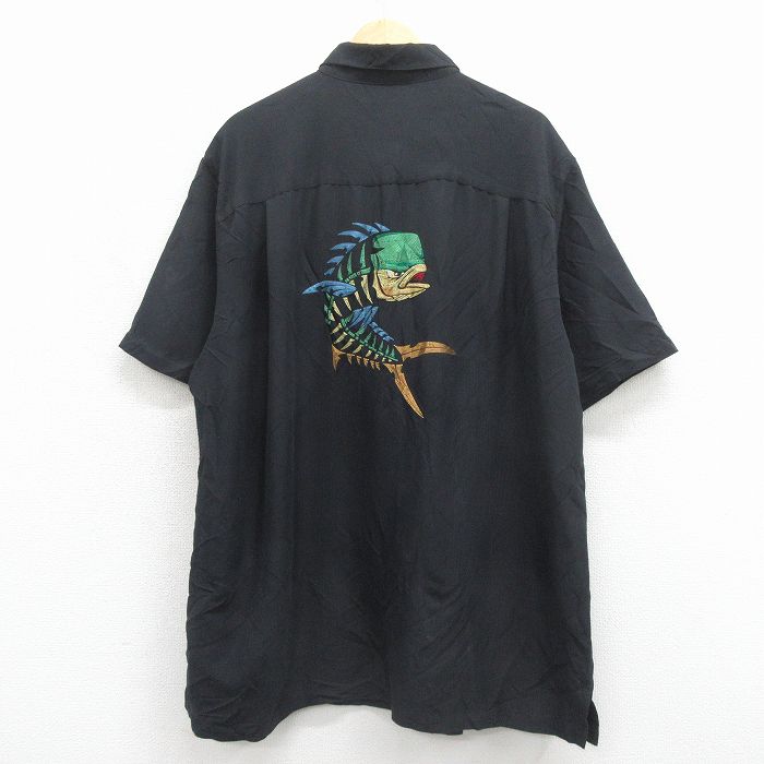 XL★古着 半袖 シャツ メンズ 魚 刺繍 大きいサイズ ロング丈 ブラック【spe】 26may26