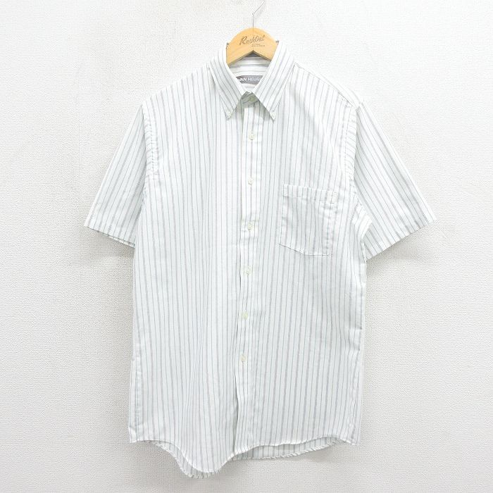 L★古着 バンヒューセン 半袖 シャツ メンズ 90年代 90s ロング丈 ボタンダウン ホワイト ストライプ【spe】 26may26