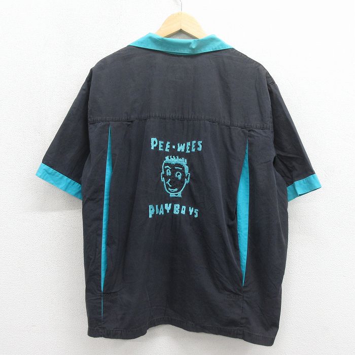 XL★古着 半袖 ボウリング シャツ メンズ 90年代 90s プレイボーイズ 刺繍 大きいサイズ 開襟 オープンカラー USA製 ブラック【spe】 26may26