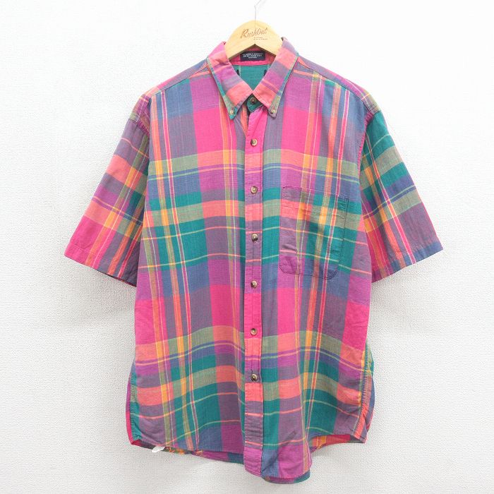 XL★古着 半袖 シャツ メンズ 90年代 90s コットン ボタンダウン USA製 ピンク チェック【spe】 26may27
