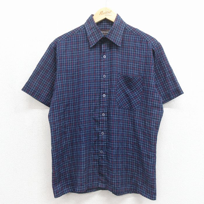 L★古着 シアーズ 半袖 シャツ メンズ 80年代 80s ネイビー チェック 26may27