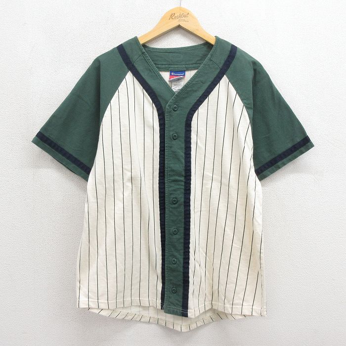 L★古着 チャンピオン champion 半袖 ベースボール シャツ メンズ 00年代 00s ポーカー 刺繍 コットン ラグラン グリーン ストライプ【spe】 26may27