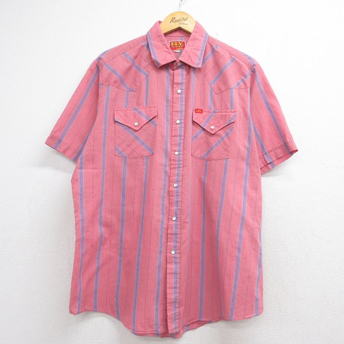 ELY 80s 半袖ウエスタンシャツ ストライプ ピンク XL | 古着