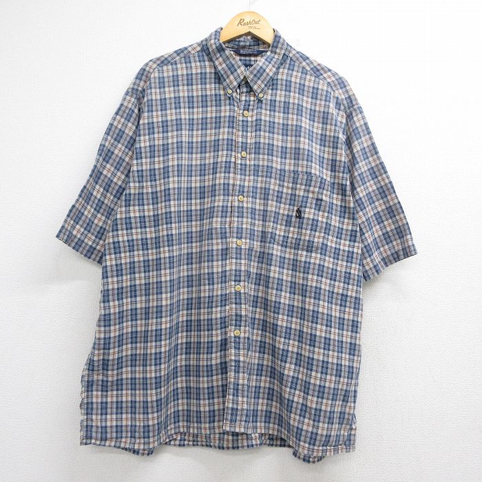 XL★古着 ノーティカ 半袖 ブランド シャツ メンズ 90年代 90s ワンポイントロゴ 大きいサイズ ロング丈 コットン ボタンダウン ネイビー チェック 26jun04