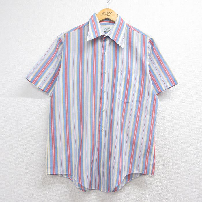 L★古着 Kマート 半袖 シャツ メンズ 70年代 70s ライトブルー ストライプ 26jun04