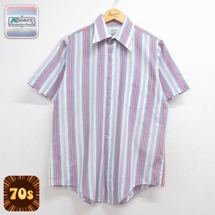 【20%OFF】70s 半袖シャツ ストライプ ライトブルー メンズL相当 | 古着