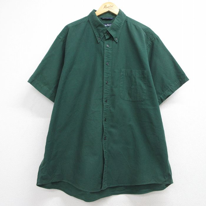 XL★古着 ノーティカ 半袖 ブランド シャツ メンズ 90年代 90s ワンポイントロゴ 大きいサイズ ロング丈 コットン ボタンダウン グリーン ストライプ 26jun04
