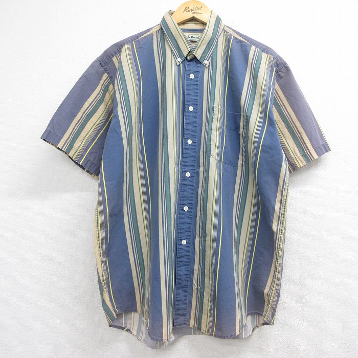 XL★古着 エルエルビーン 半袖 シャツ メンズ 90年代 90s コットン ボタンダウン ネイビー ストライプ 26jun04