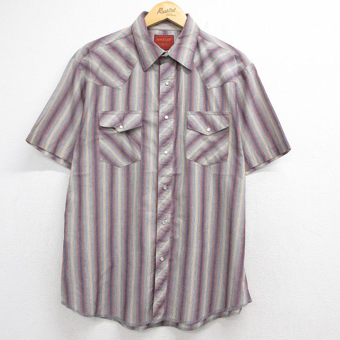 XL★古着 ラスラー 半袖 ウエスタン シャツ メンズ 90年代 90s グレー ストライプ 26jun05