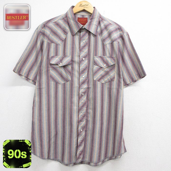 ラスラー 半袖 ウエスタン シャツ 90s グレー ストライプ メンズXL相当 | 古着
