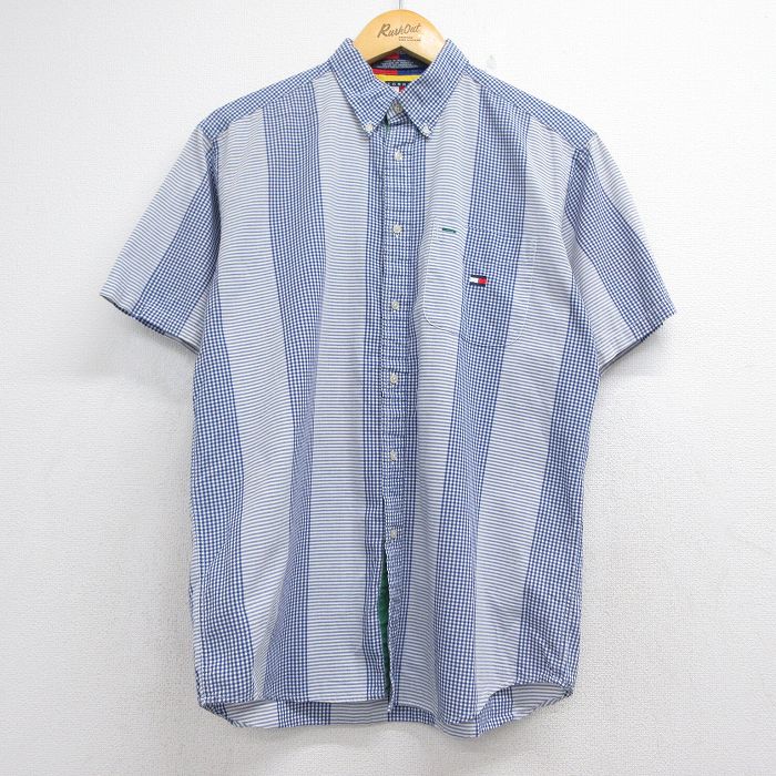 トミーヒルフィガー 90s 半袖シャツ ワンポイントロゴ ブルーストライプ L | 古着