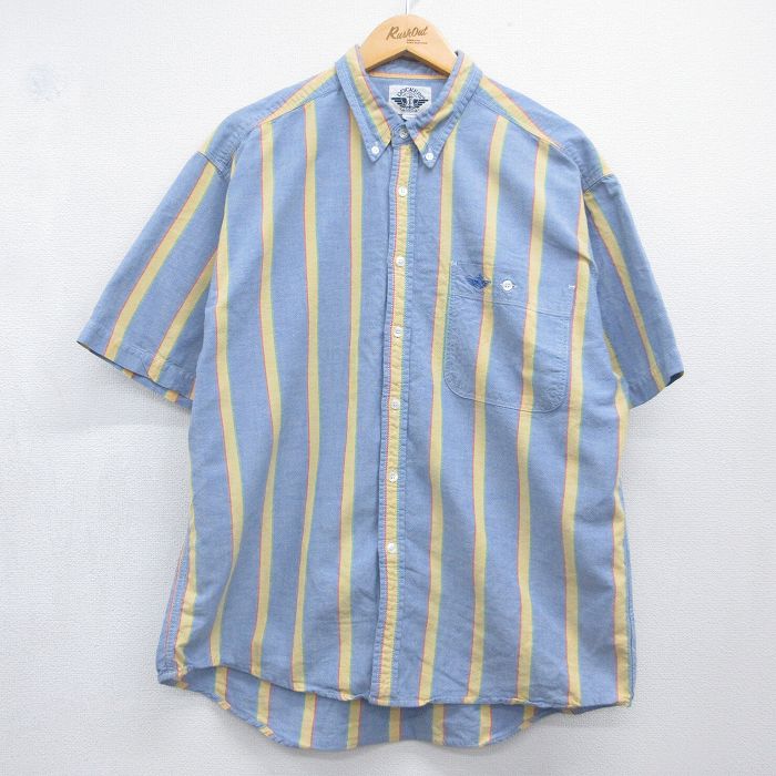 XL★古着 ドッカーズ 半袖 シャツ メンズ 90年代 90s ワンポイントロゴ オックスフォード ボタンダウン ライトブルー ストライプ【spe】 26jun09