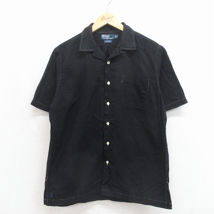 L★古着 ラルフローレン 半袖 ブランド シャツ メンズ 90年代 90s ワンポイントロゴ 裾ロゴ CALDWELL コットン 開襟 オープンカラー ブラック【spe】 26jun10