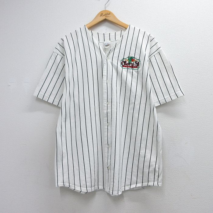 L★古着 半袖 ベースボール シャツ メンズ 90年代 90s Cherry St BREWERY コットン USA製 ホワイト ストライプ 26jun12