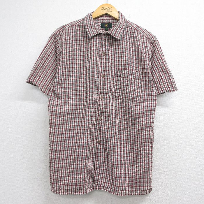 L★古着 半袖 シャツ メンズ シアサッカー コットン バーガンディ チェック 26jun12