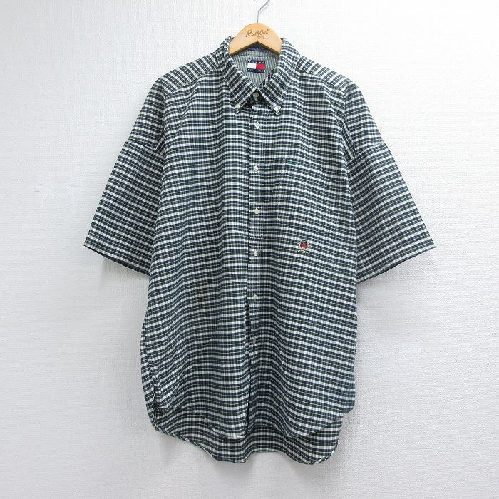 トミーヒルフィガー 90s 半袖シャツ ワンポイントロゴ グリーンチェック メンズXL相当 | 古着