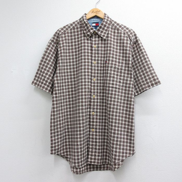トミーヒルフィガー 90s 半袖シャツ ワンポイントロゴ ベージュチェック メンズXL相当 | 古着