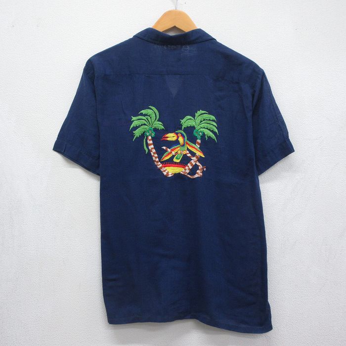80s 半袖シャツ 鳥刺繍 ネイビー メンズXL相当 | 古着