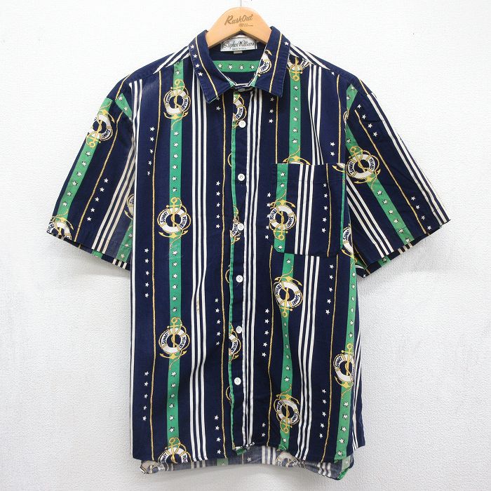 XL★古着 半袖 シャツ メンズ 90年代 90s イカリ コットン USA製 ネイビー 26jul03
