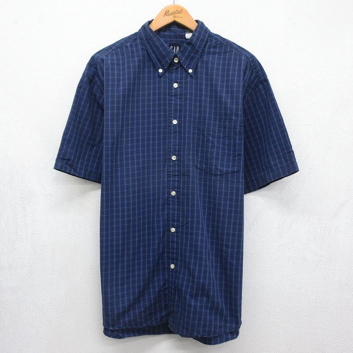 XL★古着 ギャップ GAP 半袖 シャツ メンズ 00年代 00s コットン ボタンダウン ネイビー チェック 26jul04